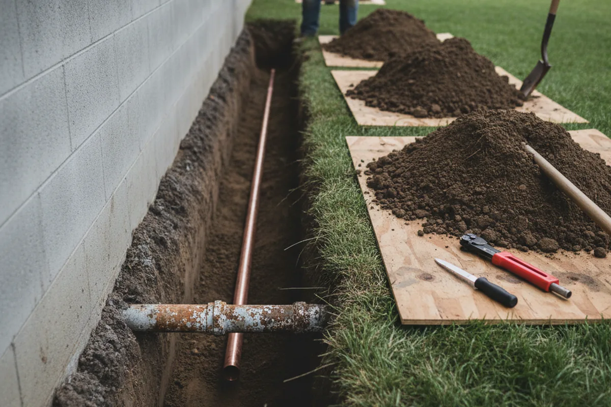 Excavated water line trench during Sewer Line Repair in Ipava